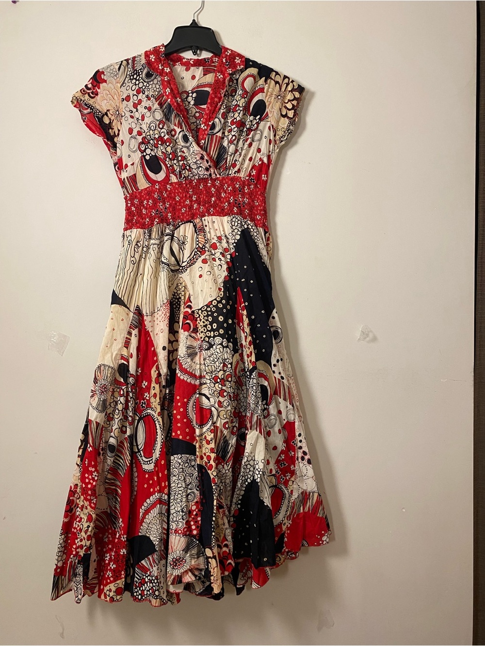 Vintage Red Multi Floral Print V-Neck Collared Midi Cotton Dress